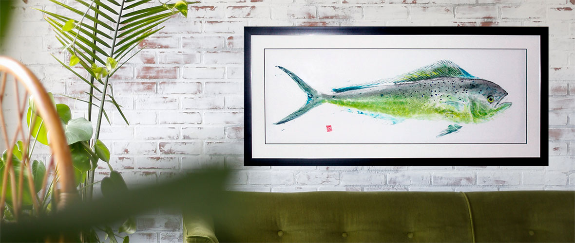 Mahimahi gyotaku in beach house