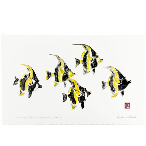 school of Moorish idols gyotaku by Debra Lumpkins