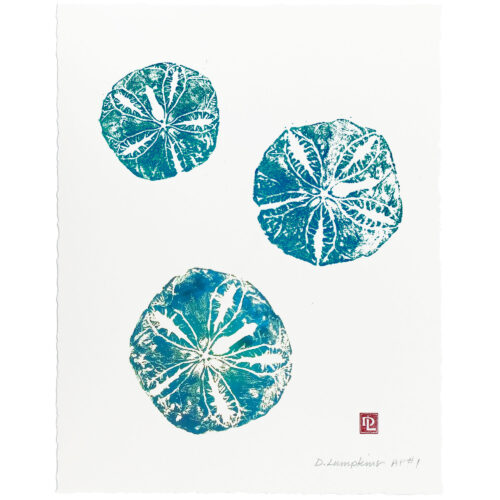 Aqua sanddollars gyotaku print by Debra Lumpkins